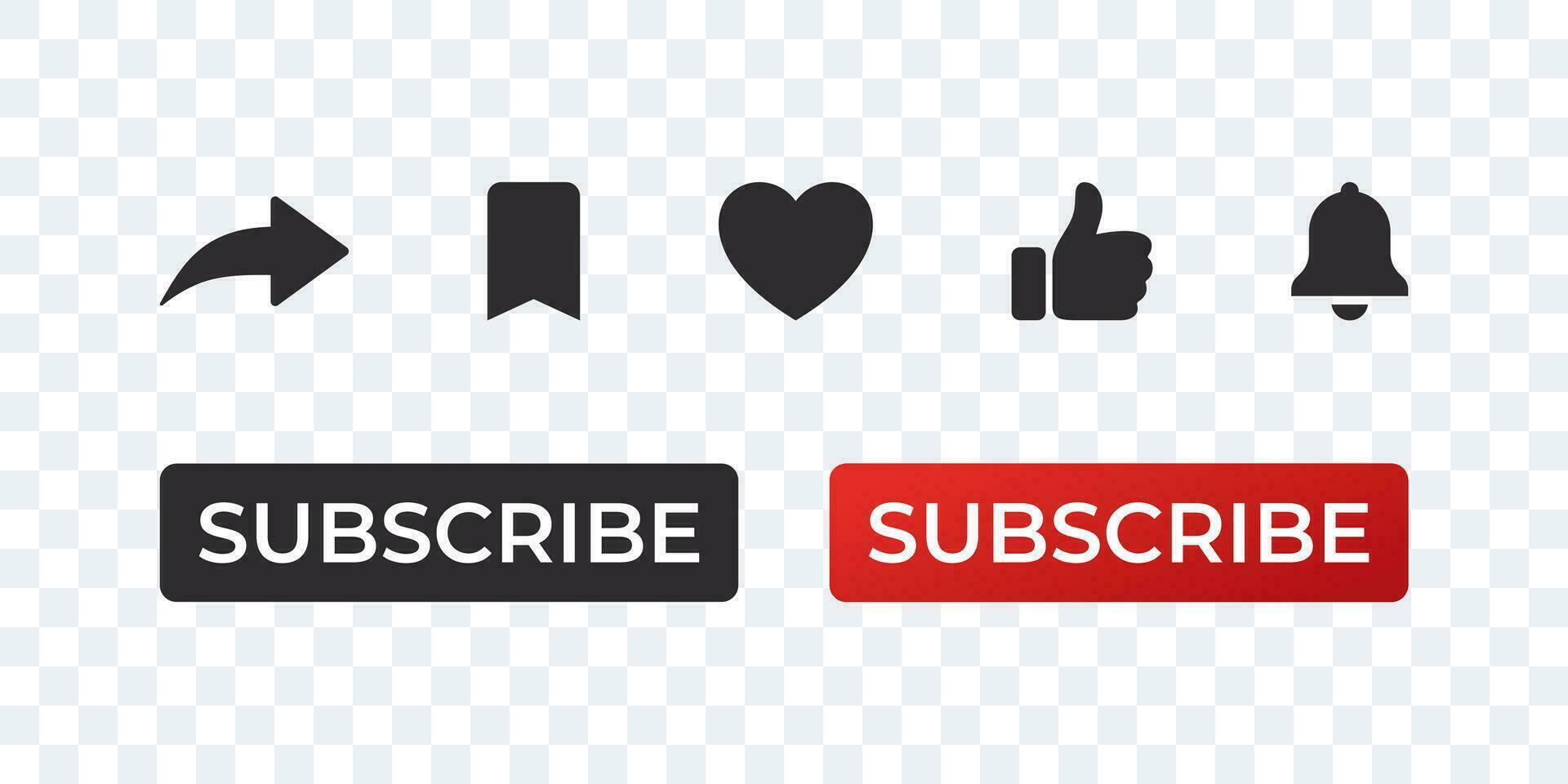 Subscribe red button, notification bell, share icon, heart and like. Vector scalable graphics