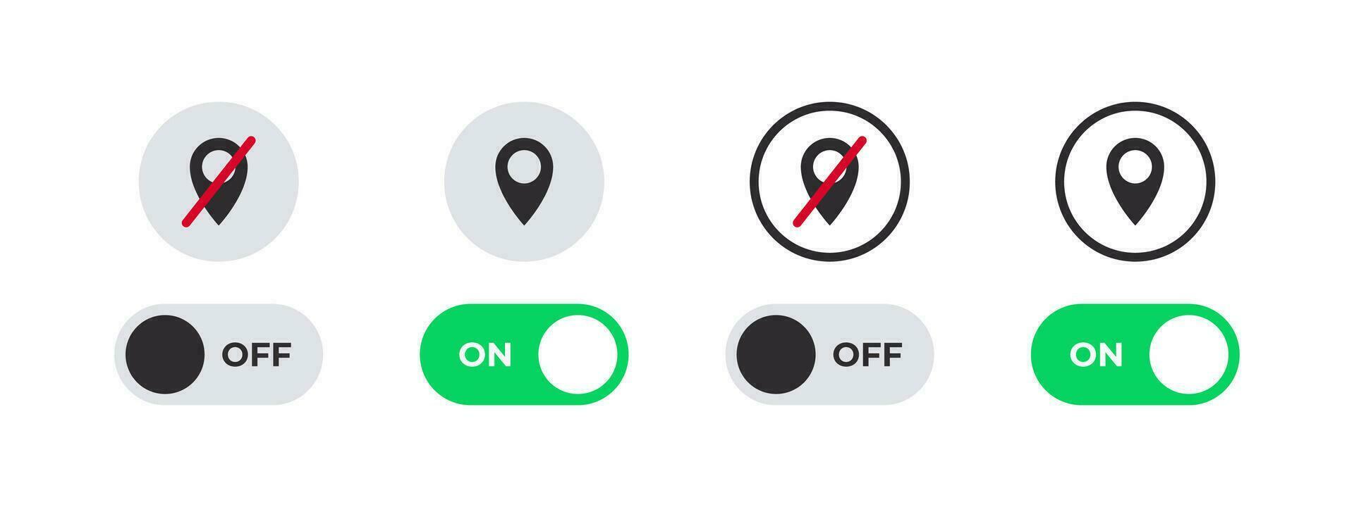 On and Off switch icons. Enable or disable geolocation. Vector scalable graphics