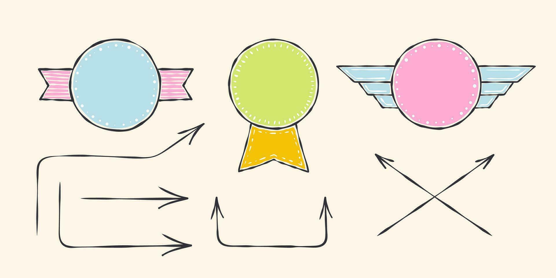 Hand-drawn badges and arrows for design. Casual doodles icons and objects. Vector scalable graphics