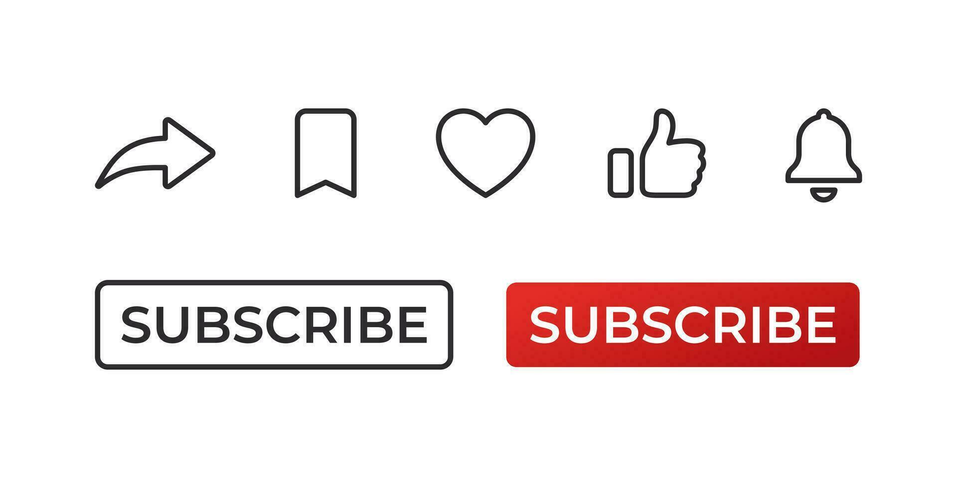 Subscribe red button, notification bell, share icon, heart and like. Linear icons. Vector scalable graphics