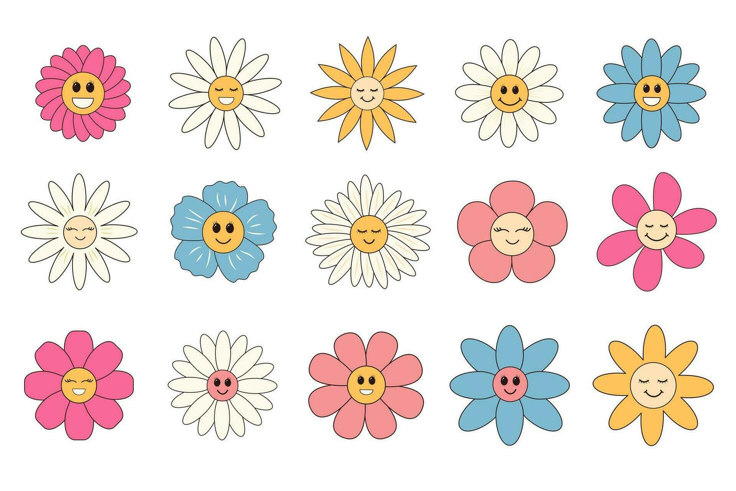 Groovy cartoon flowers set. Cute retro hippie daisy characters. Linear color vector illustration.