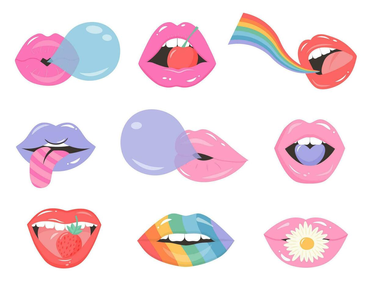 conjunto de lustroso hembra labios. linda pegatinas, Moda parches en retro estilo. sexy mujer labios expresando diferente emociones hacer arriba y moda. vector