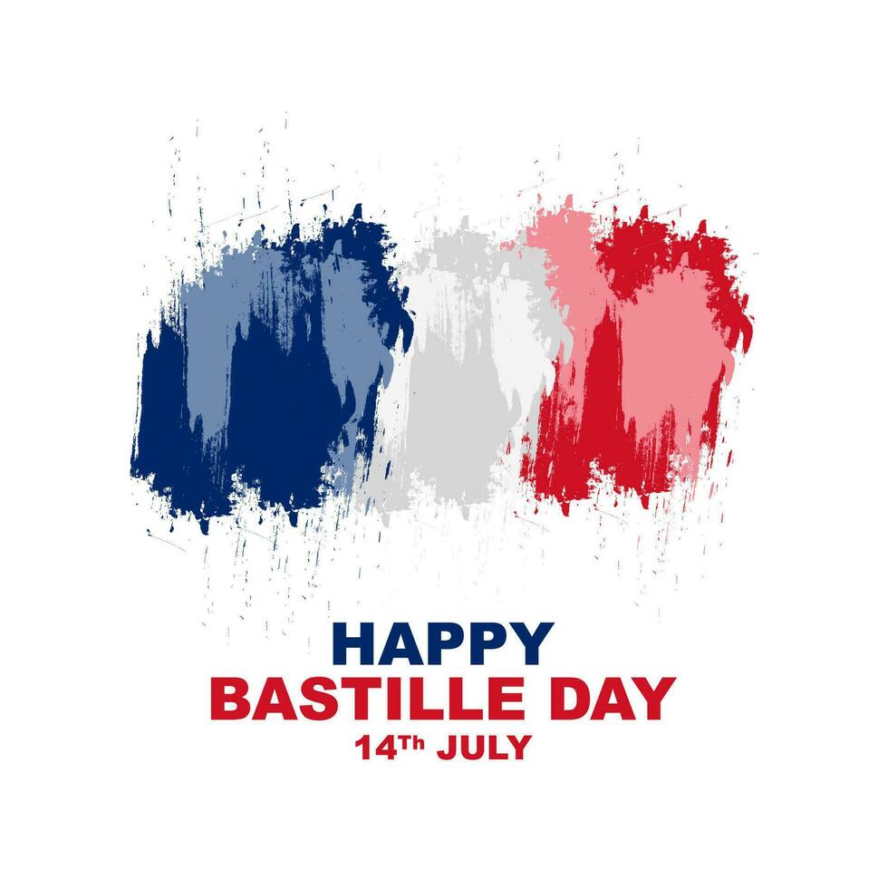 contento Bastille día, un nacional fiesta celebrado en el 14to de julio en Francia, saludo tarjeta póster diseño con resumen pintar salpicar bandera forma decoración vector