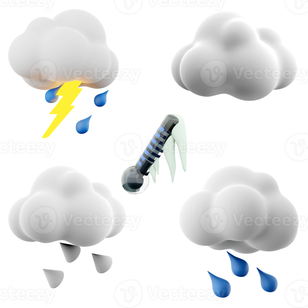 3d rendering thunderstorm, clouds, hail, rain, negative thermometer icon set. 3d render weather concept icon set. png