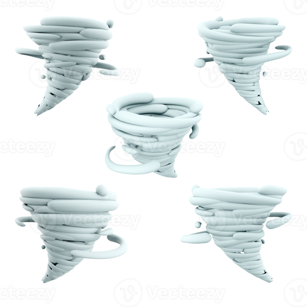 3d rendering tornado icon set. 3d render cyclone different positions icon set. png