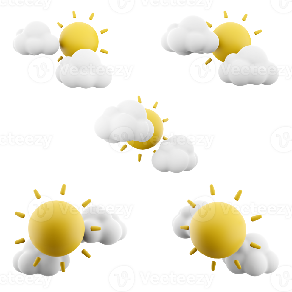 3d rendering two clouds and sun icon set. 3d render cloudscape concept of weather different positions icon set. png