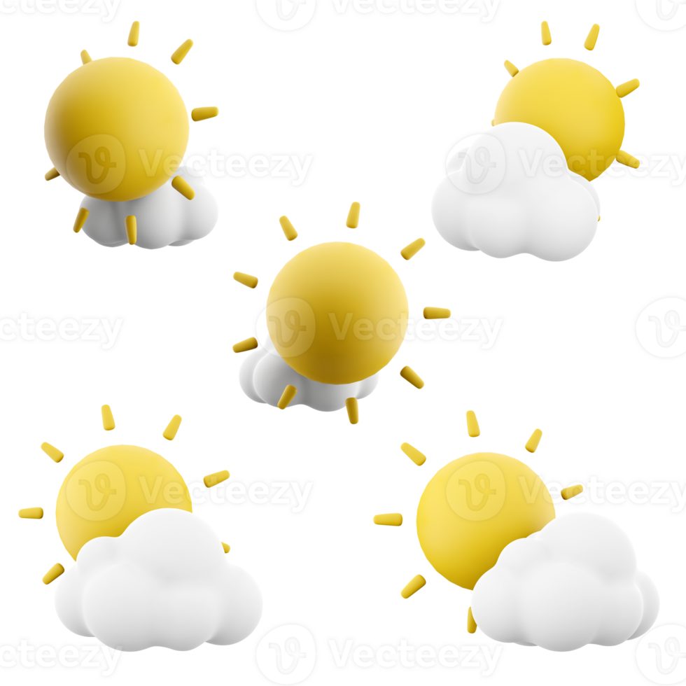 3d rendeing sun with cloud icon set. 3d render a cloud covers the sun different positions icon set. png