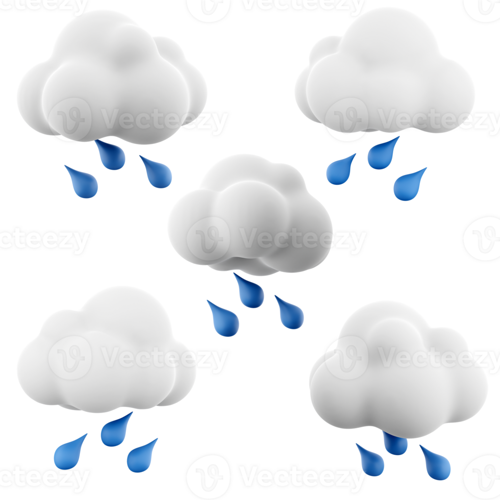 3d Renderização chuva nuvem com água gotas ícone definir. 3d render branco fofo cumulus nuvem com queda azul pingos de chuva diferente posições ícone definir. png