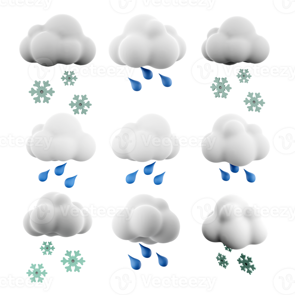 3d rendering cloud, rain and snow icon set. 3d render weather concept icon set. png