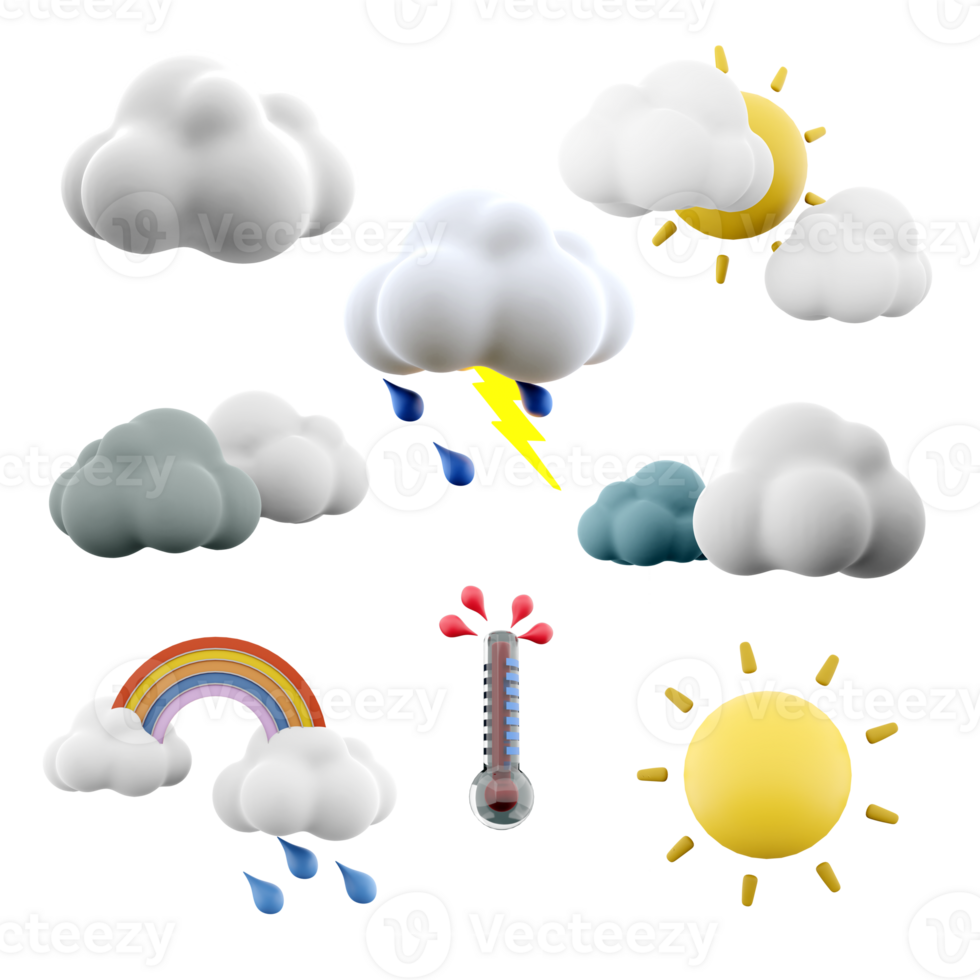 3d interpretazione tuono e fulmine con piovere, Due nuvole e sole, nero e bianca nuvole, arcobaleno con piovere, caldo temperatura su il termometro, sole icona impostare. 3d rendere tempo metereologico concetto icona impostare. png