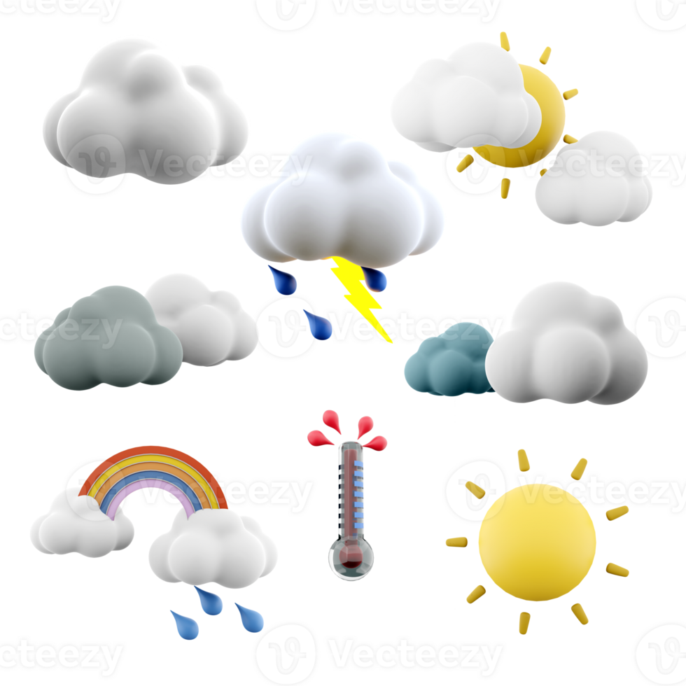 3d Rendern Donner und Blitz mit Regen, zwei Wolken und Sonne, schwarz und Weiß Wolken, Regenbogen mit Regen, heiß Temperatur auf das Thermometer, Sonne Symbol Satz. 3d machen Wetter Konzept Symbol Satz. png