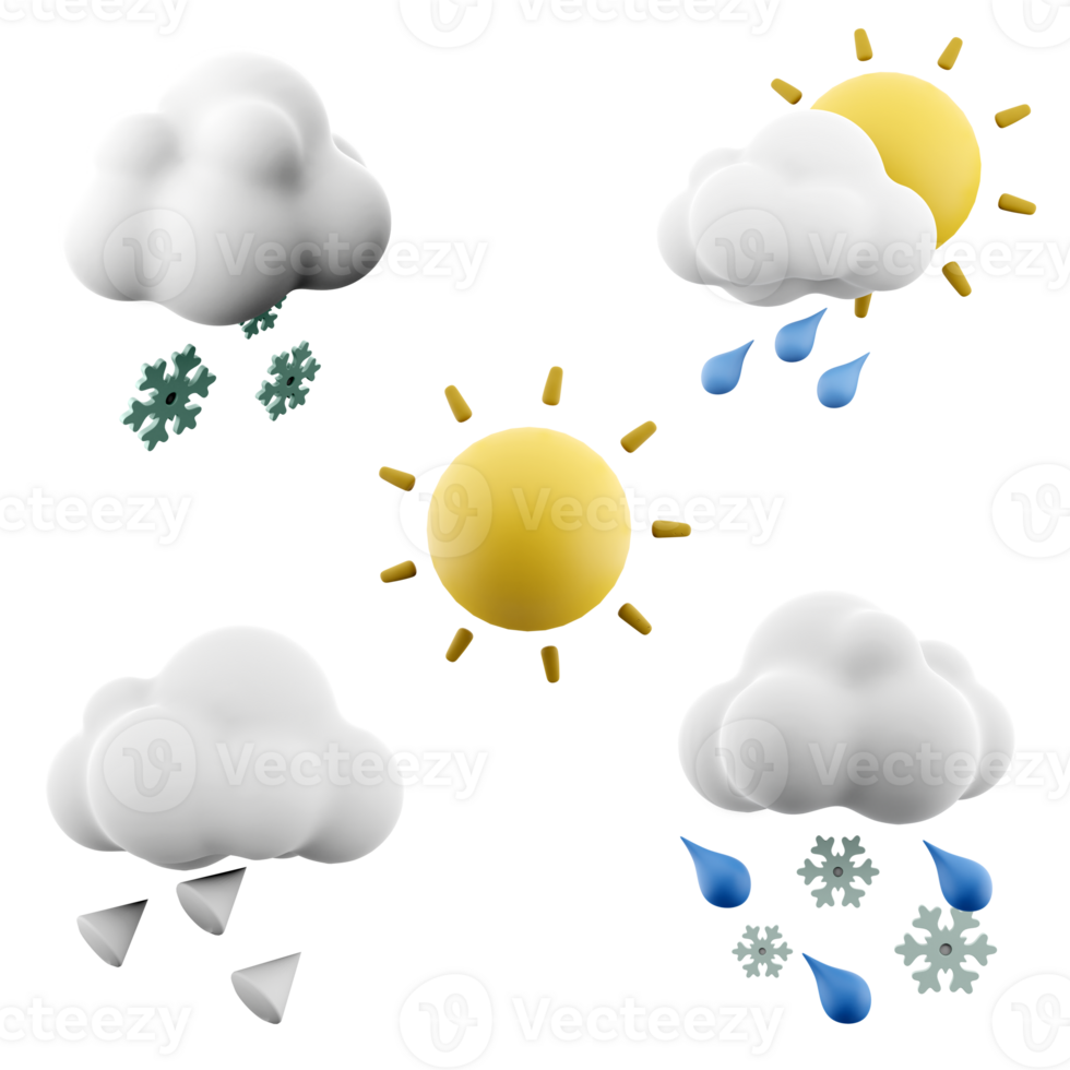 3d rendering snow, rain with sun rays, sun, hail with cloud, rain and snow with cloud icon set. 3d render weather concept icon set. png