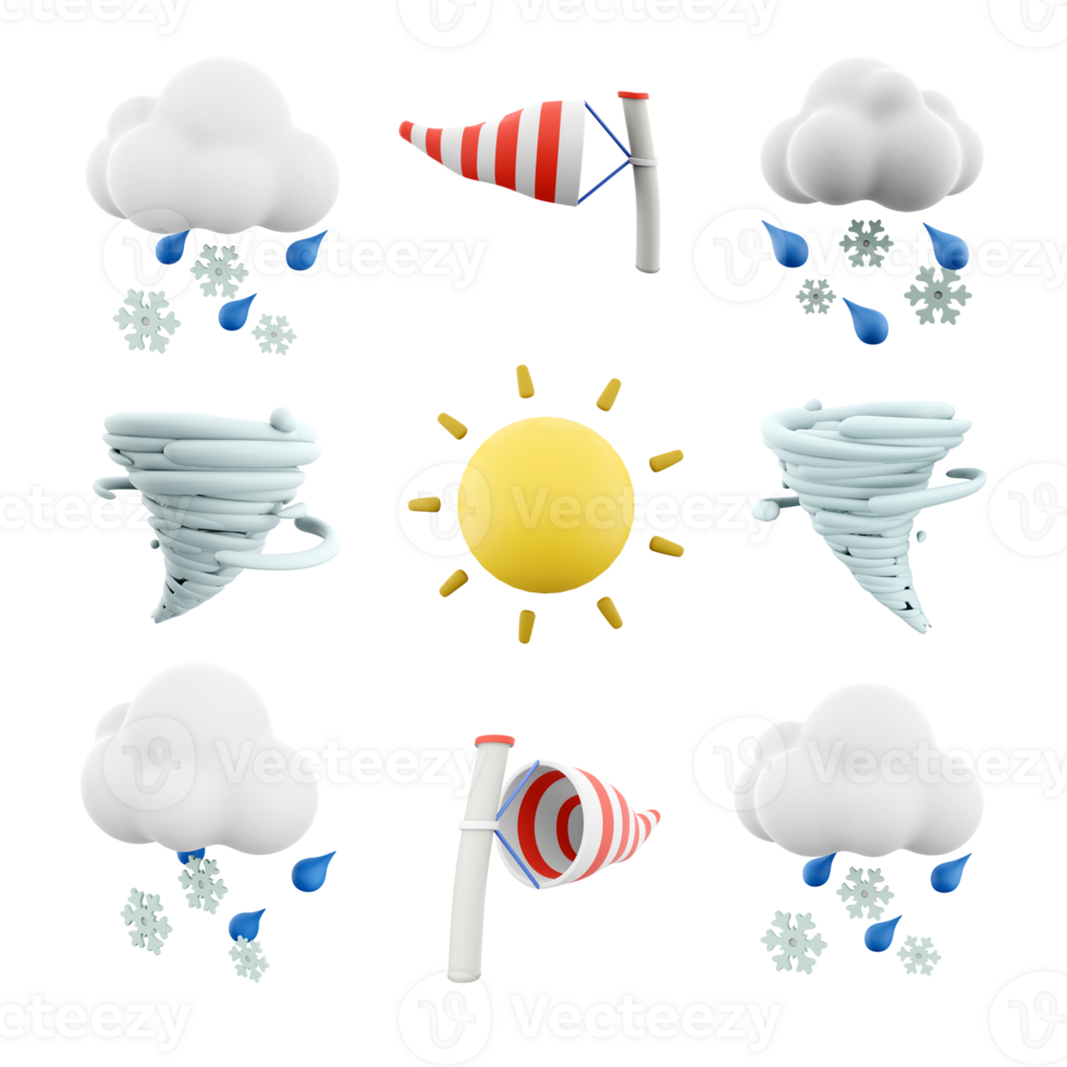 3d rendering rain with snow, windsock, cyclone, sun with rays icon set. 3d render weather concept icon set. png