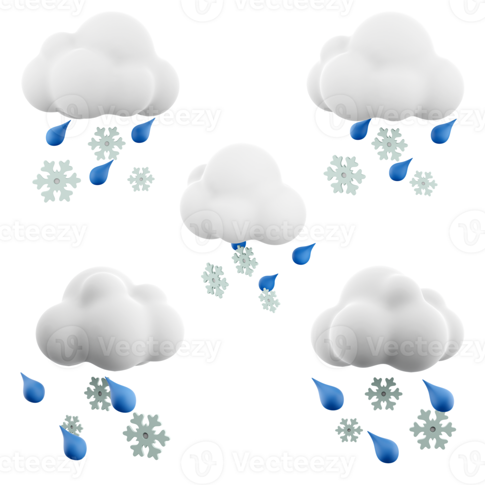 3d rendering snow with rain icon set. 3d render white cloud with raindrops and snowflakes different positions icon set. png