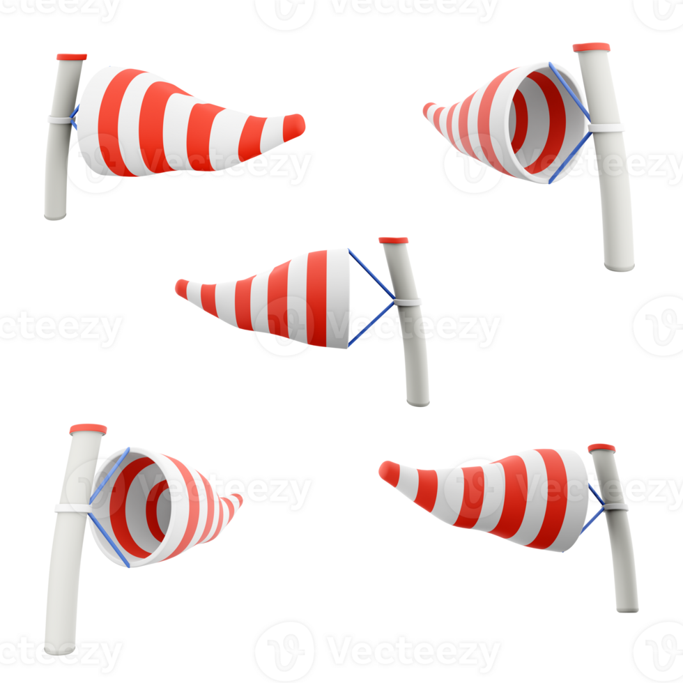 3d rendering windsock icon set. 3d render wind direction different positions icon set. png