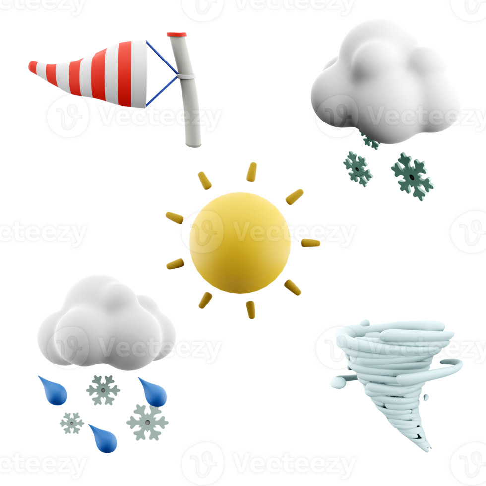 3d rendering windsock, snow, snow with rain, sun and tornado icon set. 3d render weather concept icon set. png