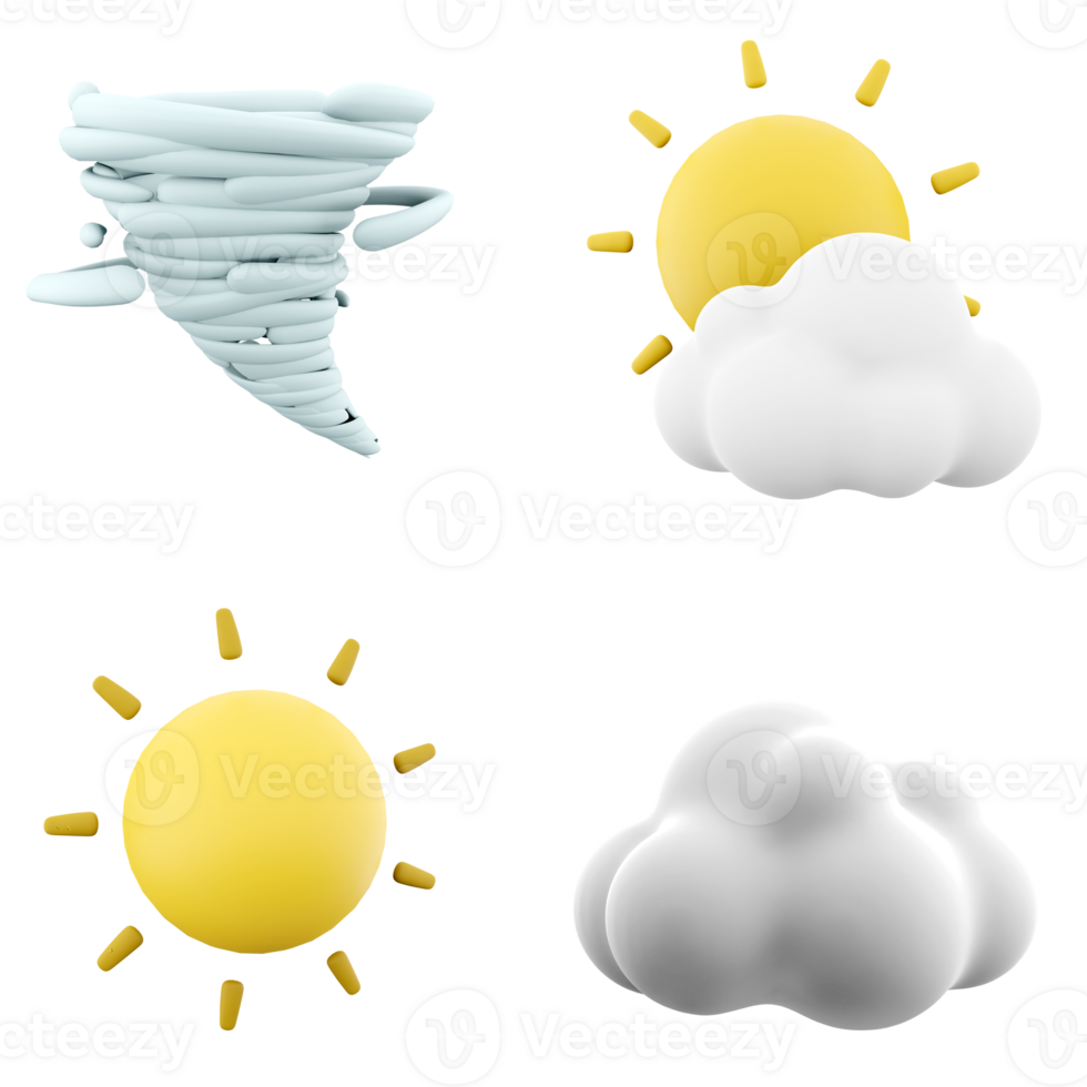 3d le rendu tornade, Soleil des rayons avec nuage, soleil, nuage icône ensemble. 3d rendre temps concept icône ensemble. png