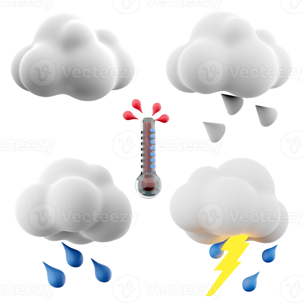 3d Rendern Wolke, Hagel mit Wolke, Regen, Donner mit Regen, heiß Thermometer Symbol Satz. 3d machen Wetter Konzept Symbol Satz. png