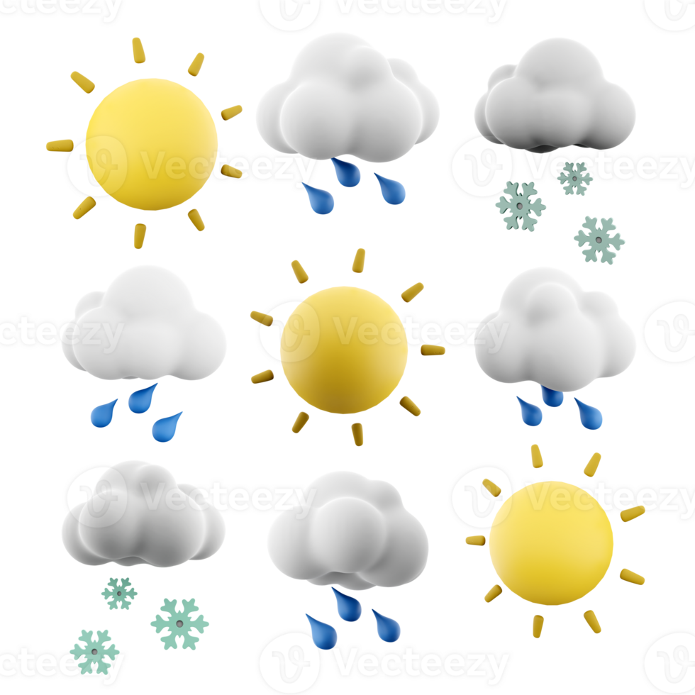 3d rendering sun with rays, rain, snow and cloud icon set. 3d render weather concept icon set. png