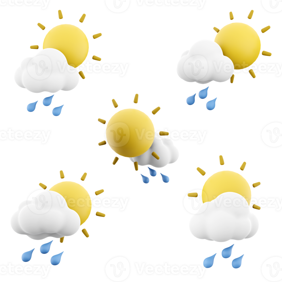 3d Rendern Regentropfen mit Sonne und Wolke Symbol Satz. 3d machen Regen im sonnig Wetter anders Positionen Symbol Satz. png