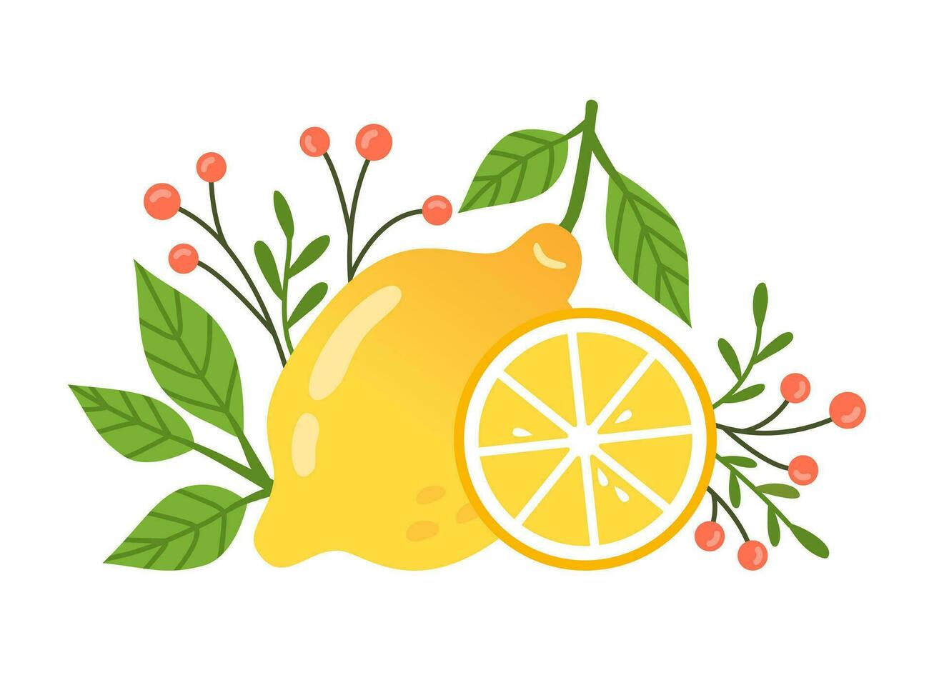 Illustration of a lemon in a flat style. Lemon slice with leaves and berries. Design element. vector