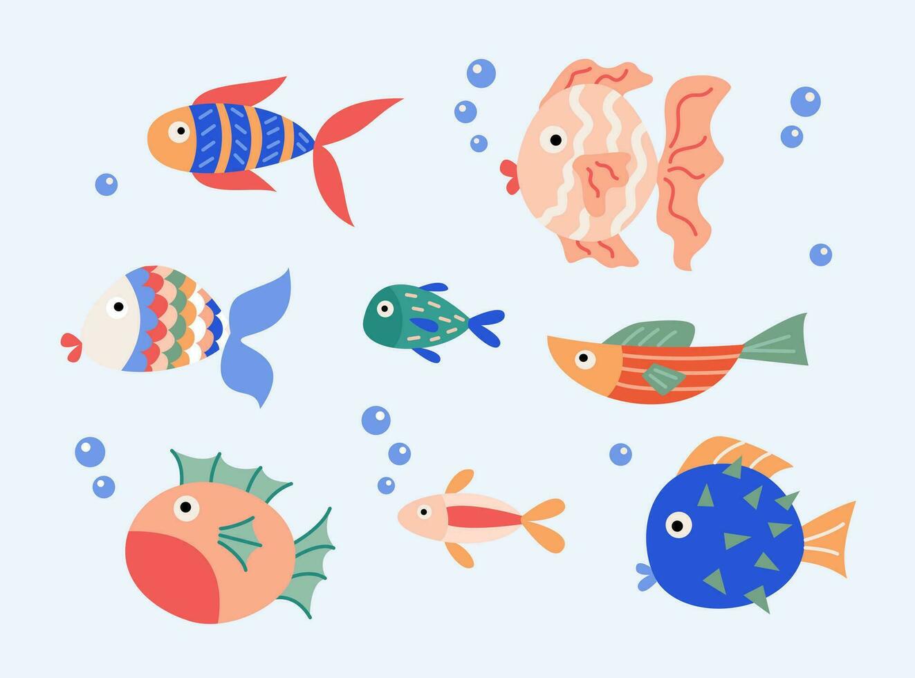 Set of cartoon cute fish in flat style. Vector design elements aquarium marine doodle colored fish