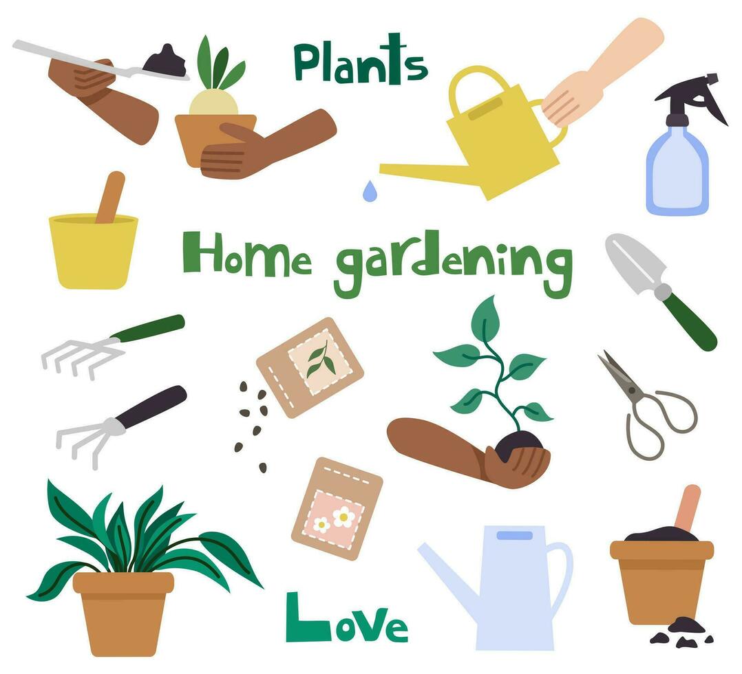 Set of home gardening elements design in flat style. Plants in pots, seeds, watering can, garden tools. Hands holding a plant. vector