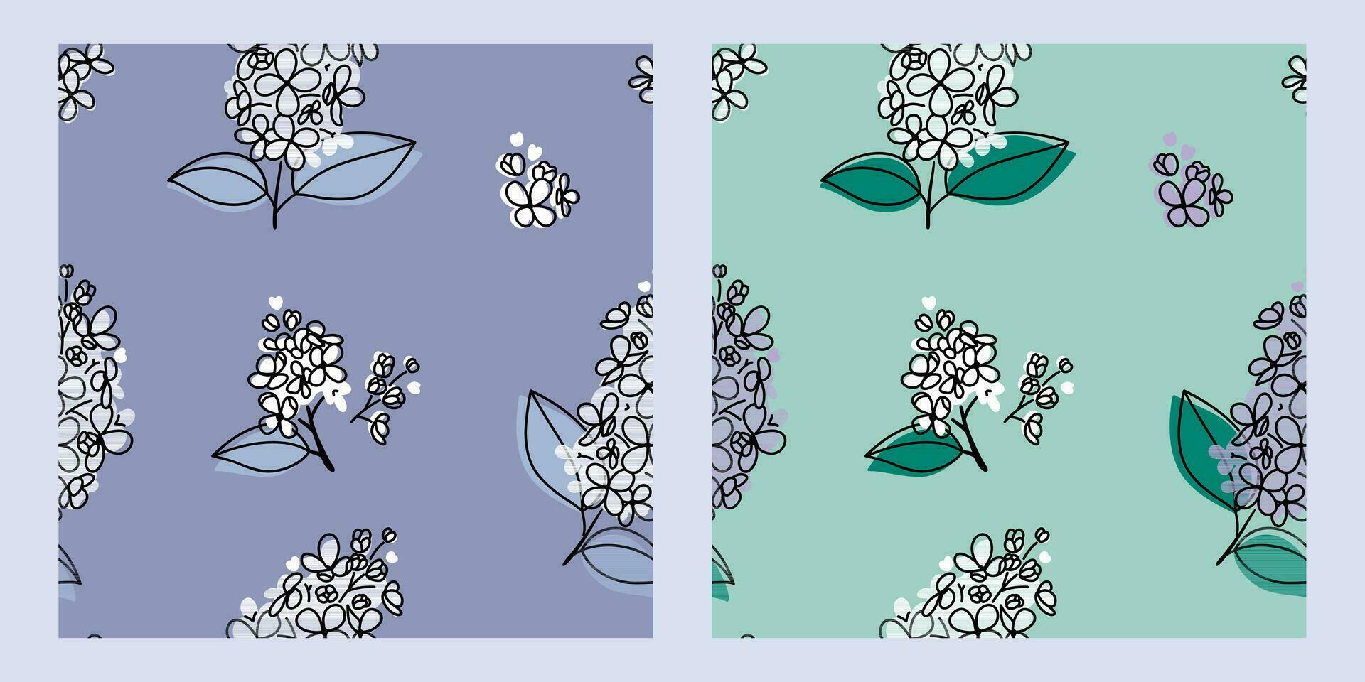Set of seamless floral pattern white lilac in abstract flat style. Vector illustration