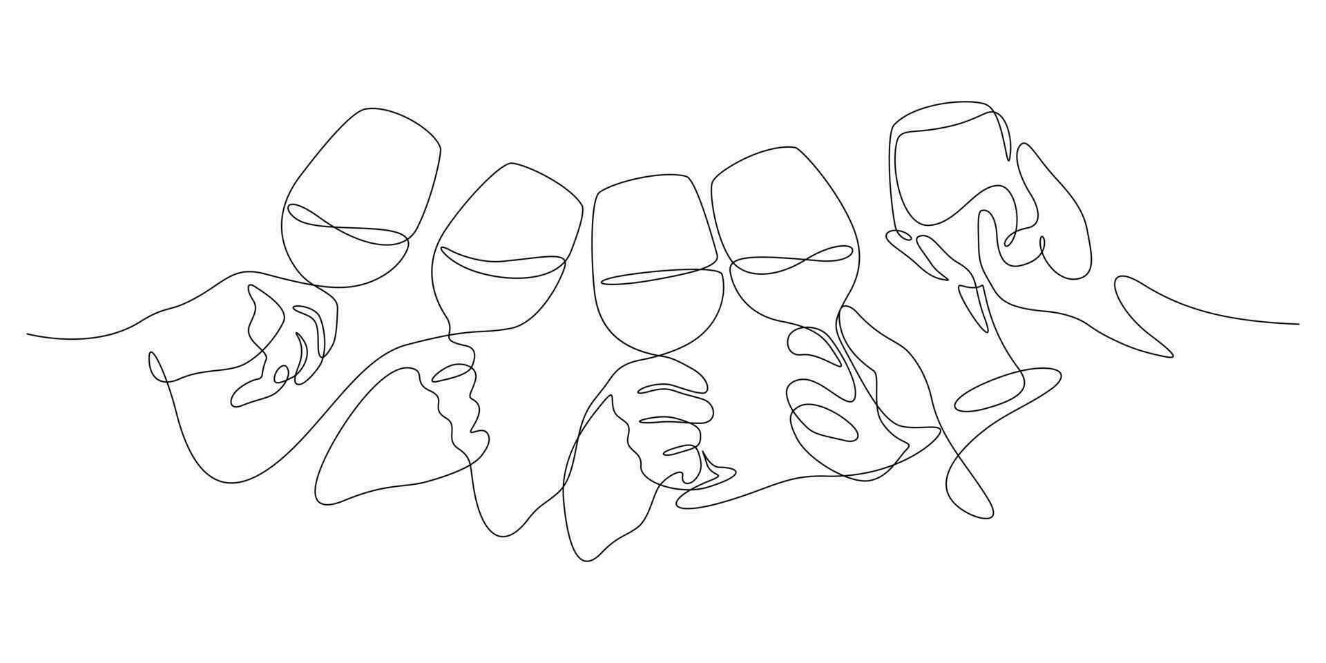 wine clinking celebratory toast concept hands holding and wine glasses in one line drawing vector