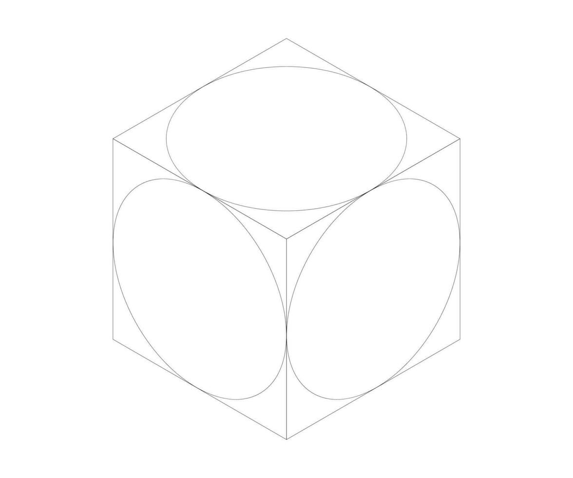 isometric drawing of a cube with circles inscribed vector