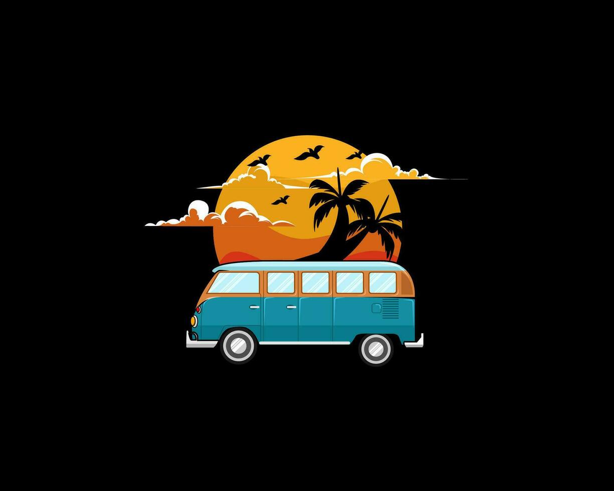 classic car illustration with sunset background vector