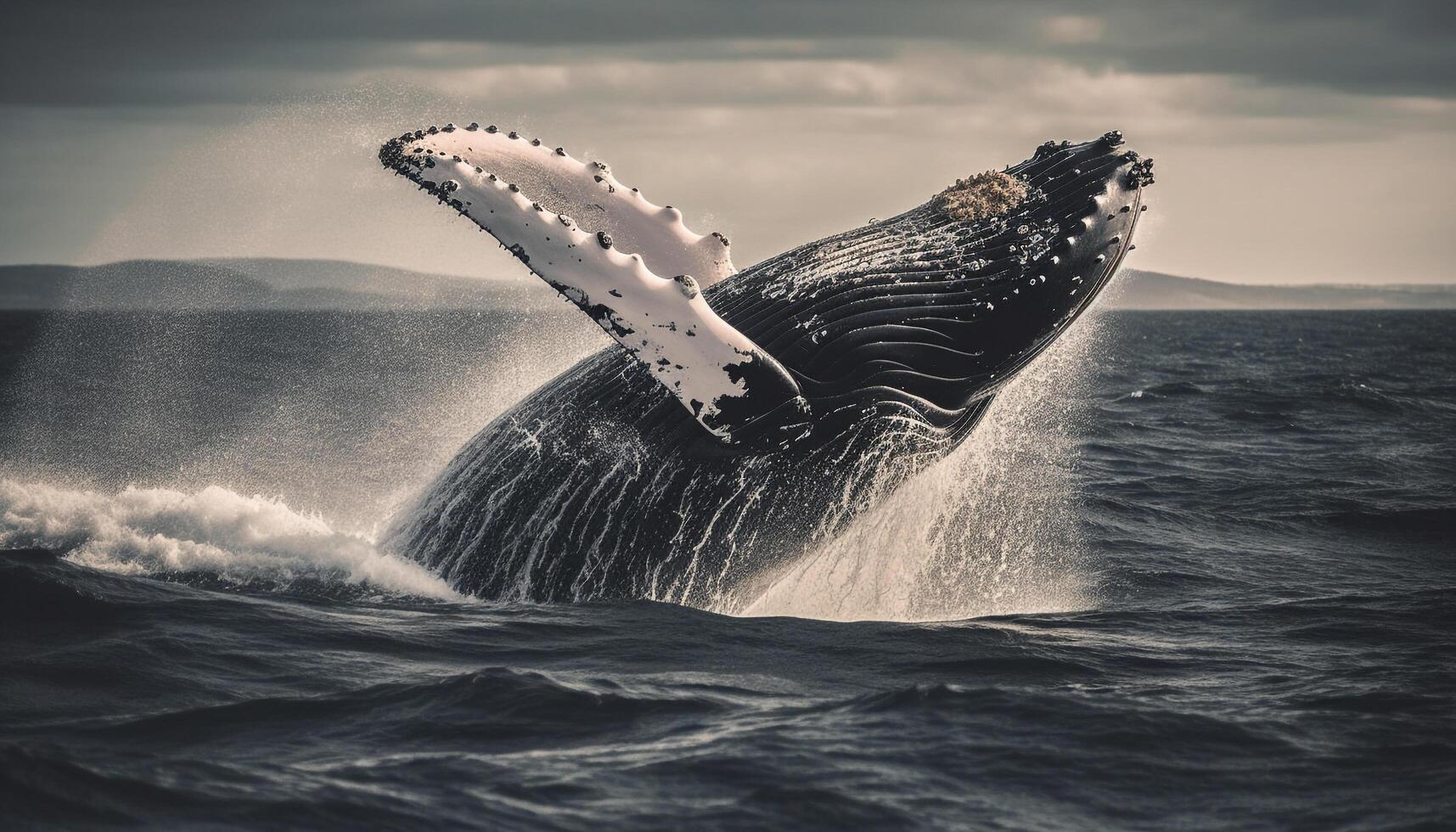 Majestic humpback whale breaches, splashing with awe generated by AI photo