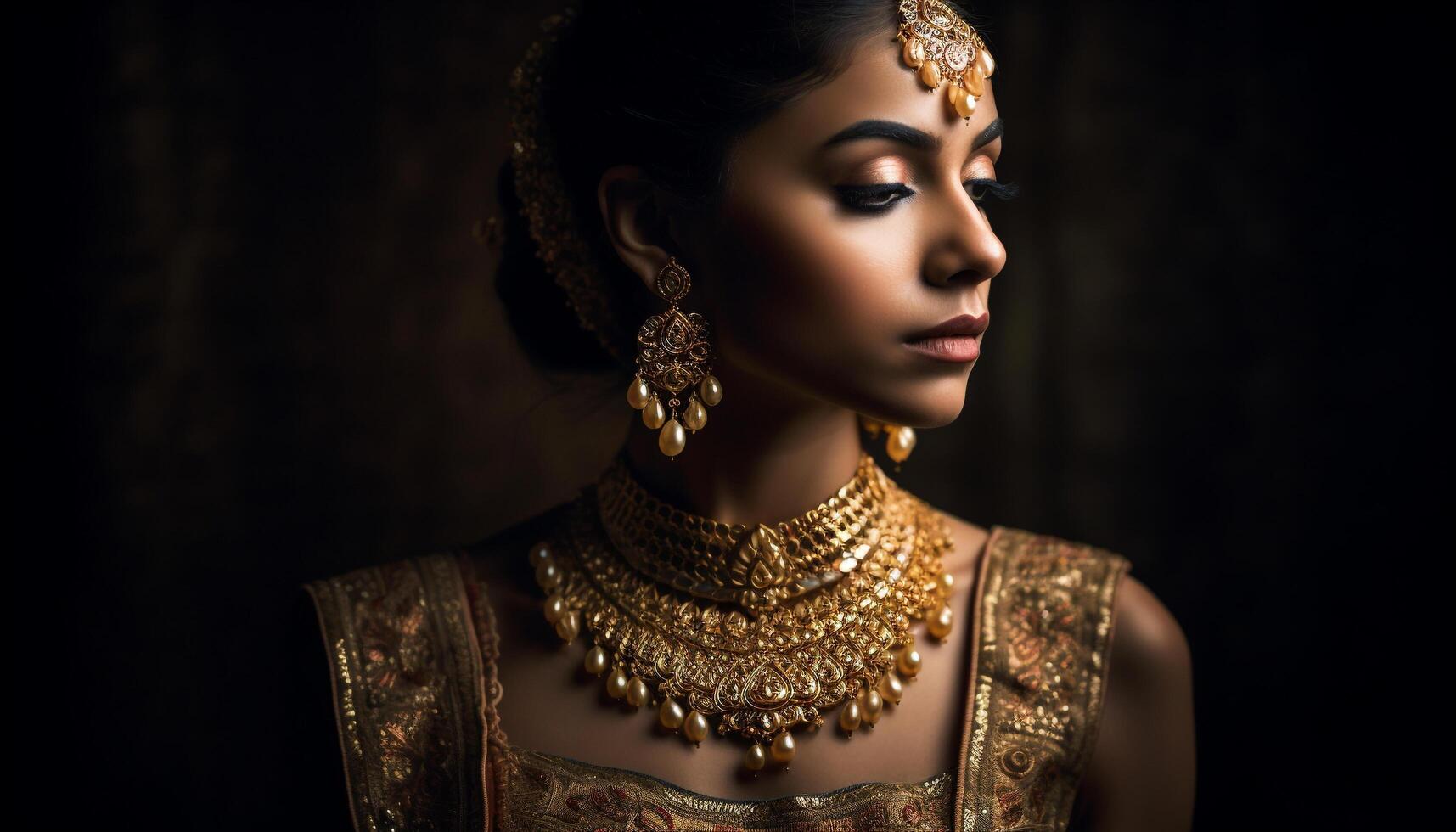 Glamorous young model exuding elegance in gold generated by AI photo