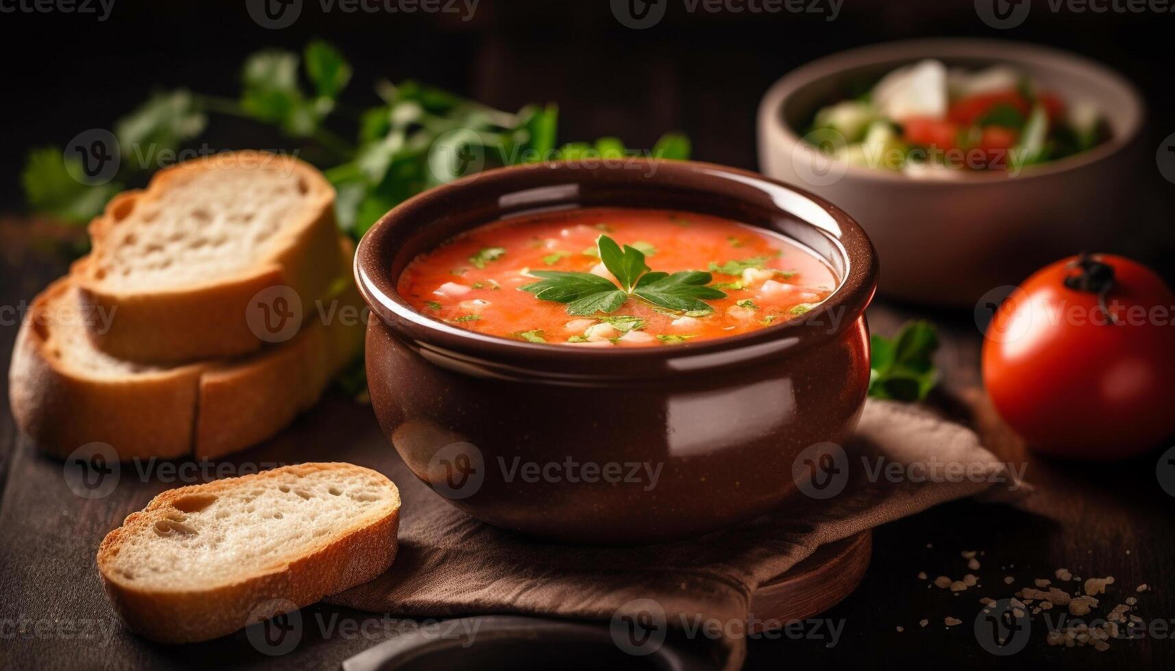Fresh vegetable soup with homemade bread bowl generated by AI photo
