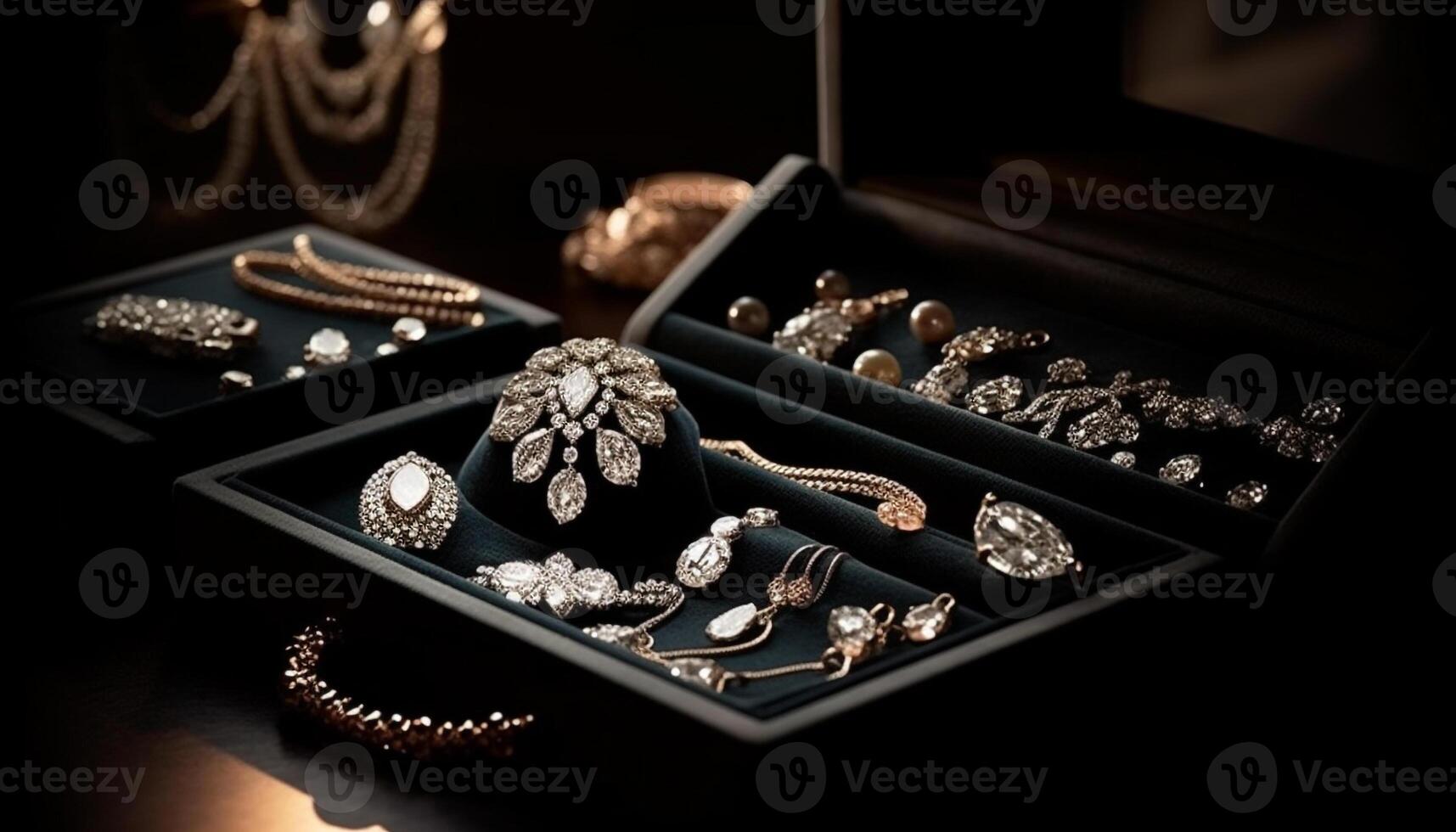 Shiny gemstones adorn elegant jewelry collection on table generated by AI photo