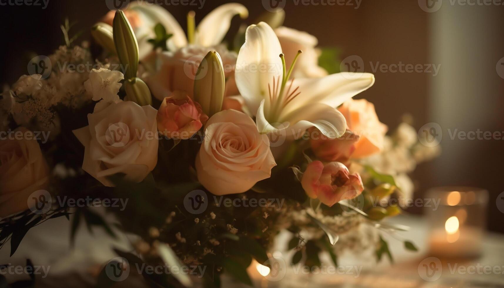 Ornate bouquet of blossoms on wood generated by AI photo