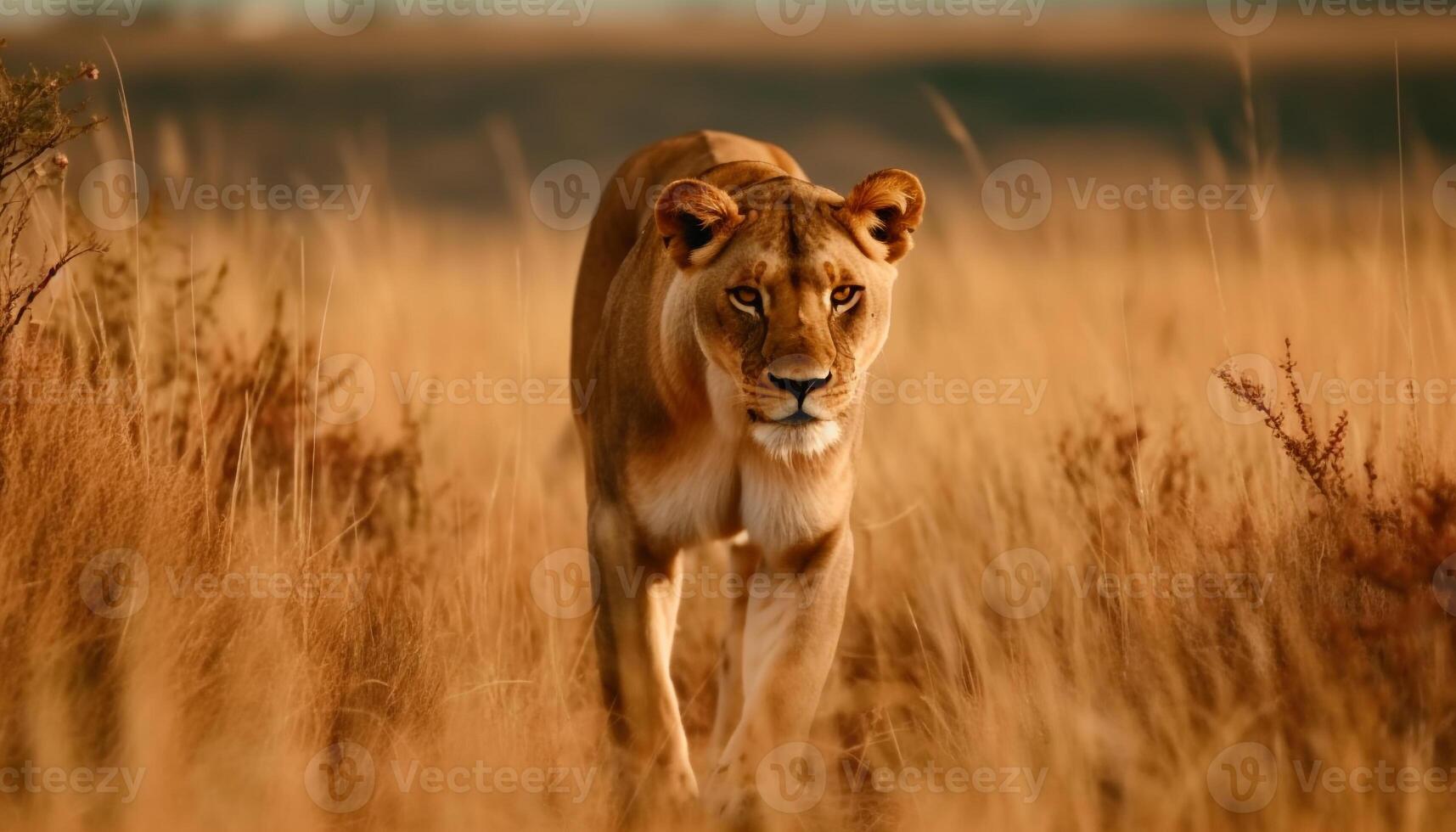 Majestic lion walking in the African savannah generated by AI photo