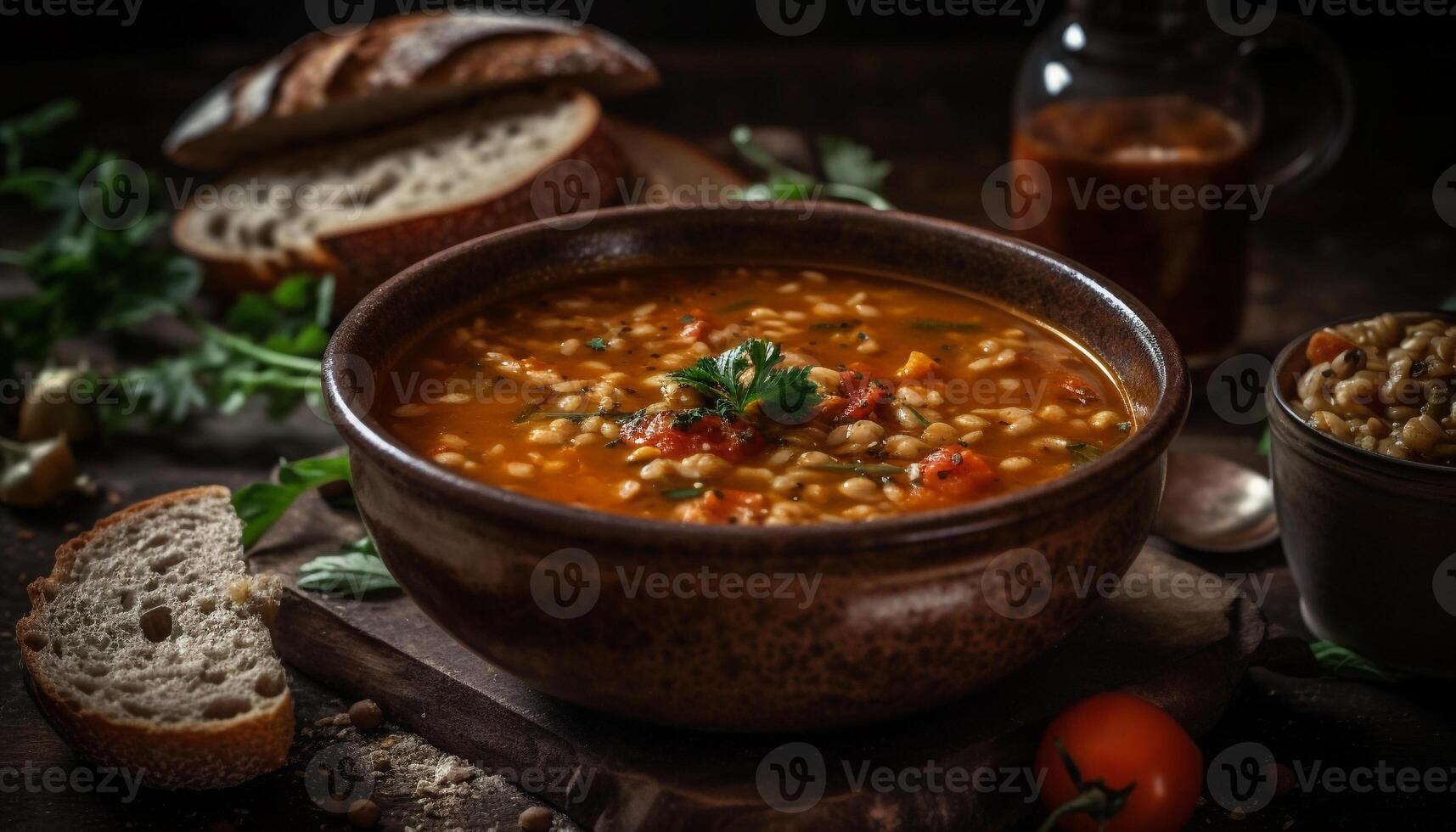 Freshly cooked soup, bread, and vegetables meal generated by AI photo