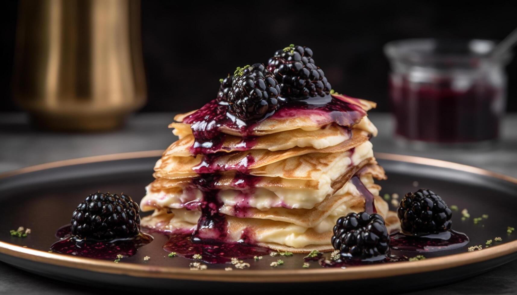 Freshly cooked pancakes with mixed berry sauce generated by AI photo
