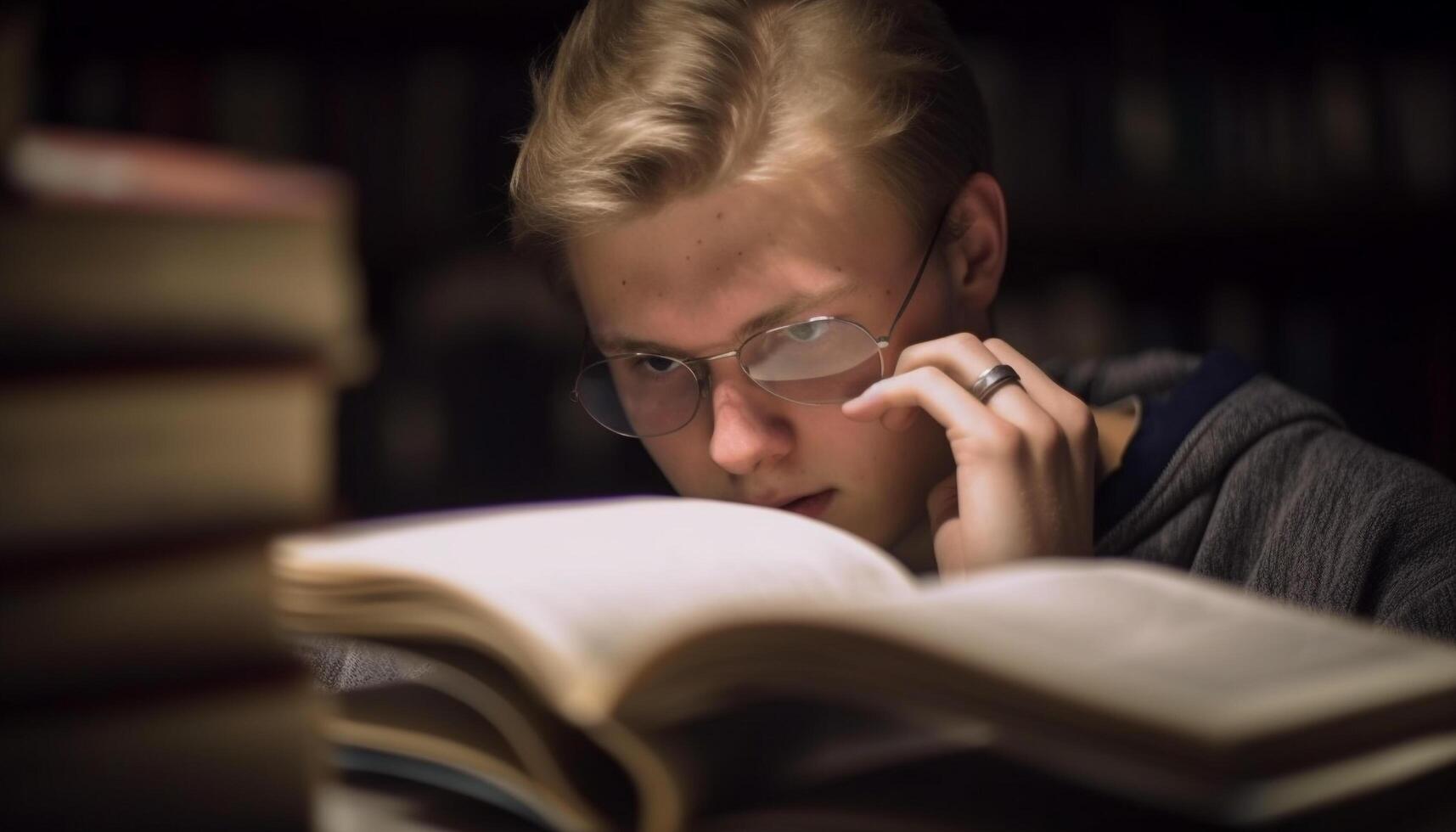 One person studying literature indoors, surrounded by books generated by AI photo