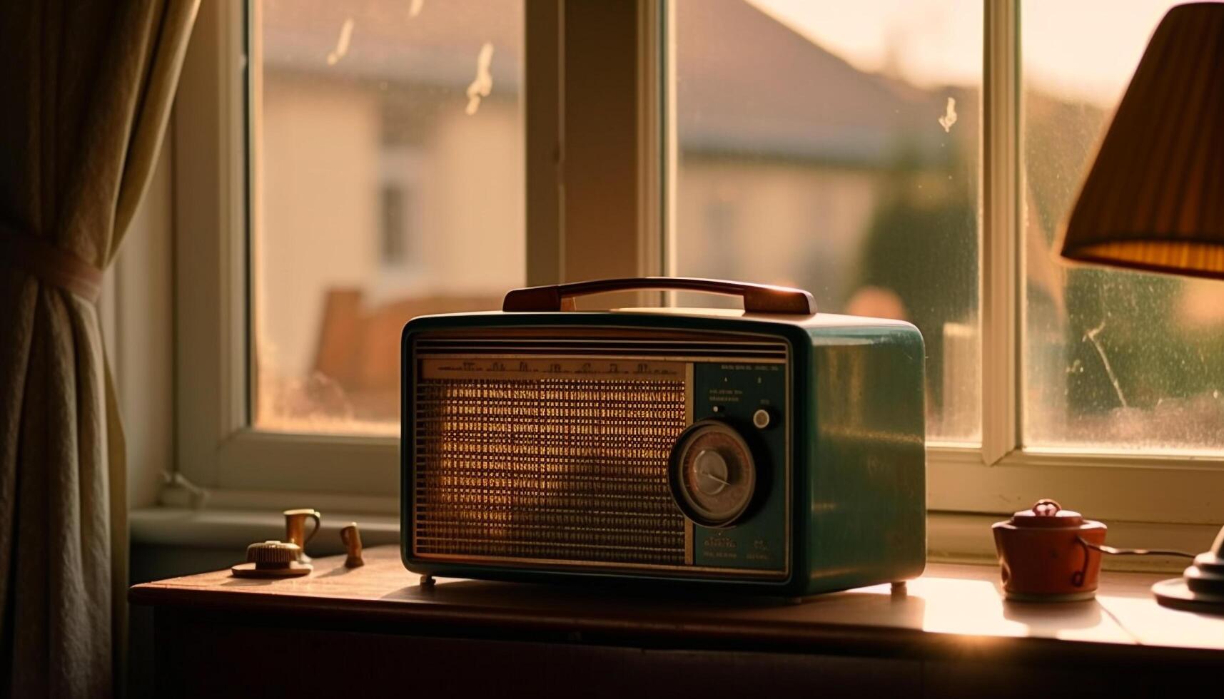 antiguo radio en de madera mesa, nostalgia revivido generado por ai foto