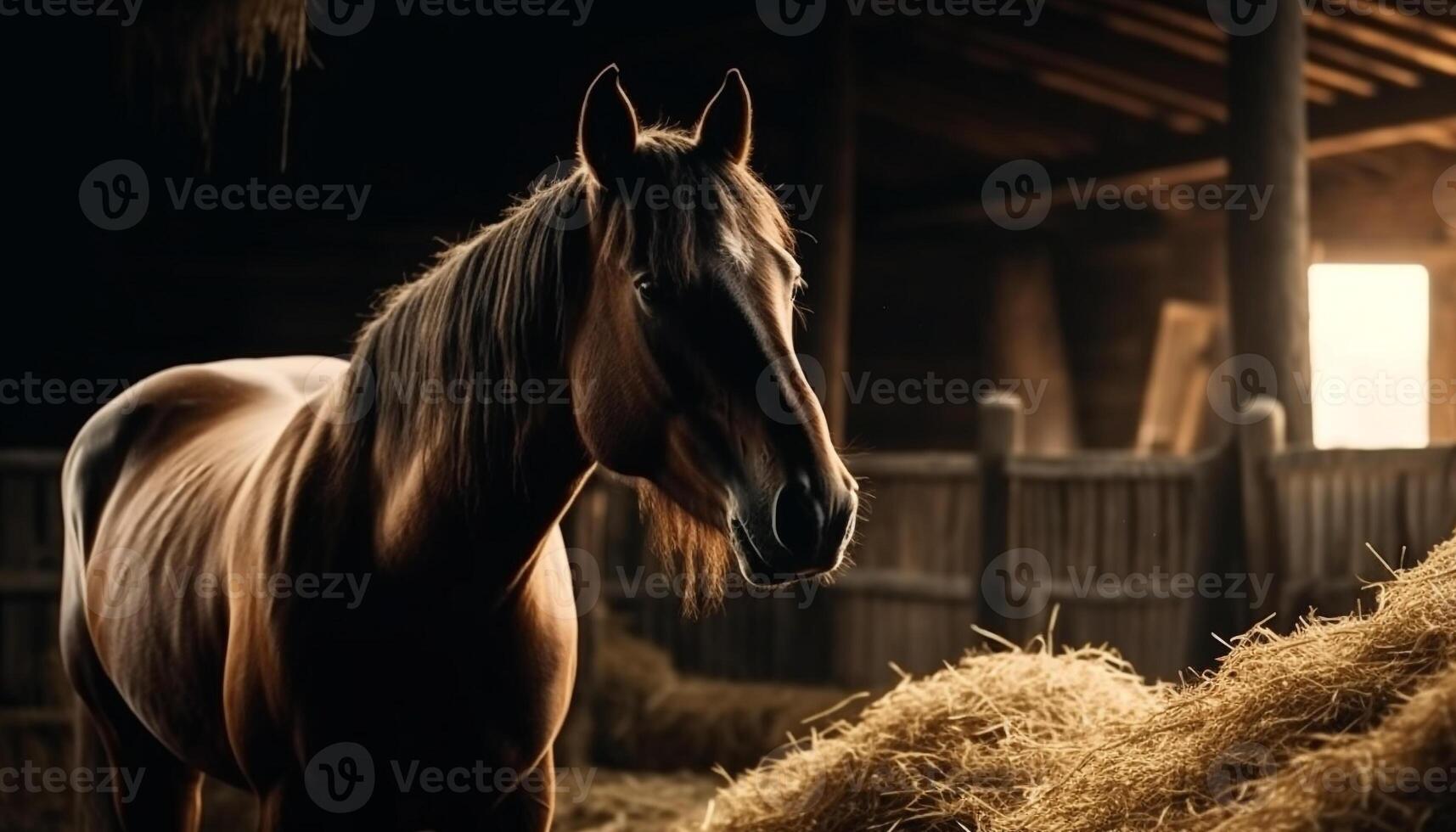 Thoroughbred horse grazing in meadow at sunset generated by AI photo