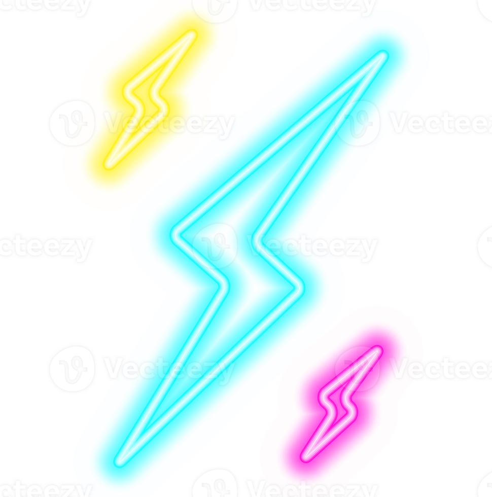 Transparent lightning bolt flash neon icon in different colors. High voltage electricity thunder shock design. png