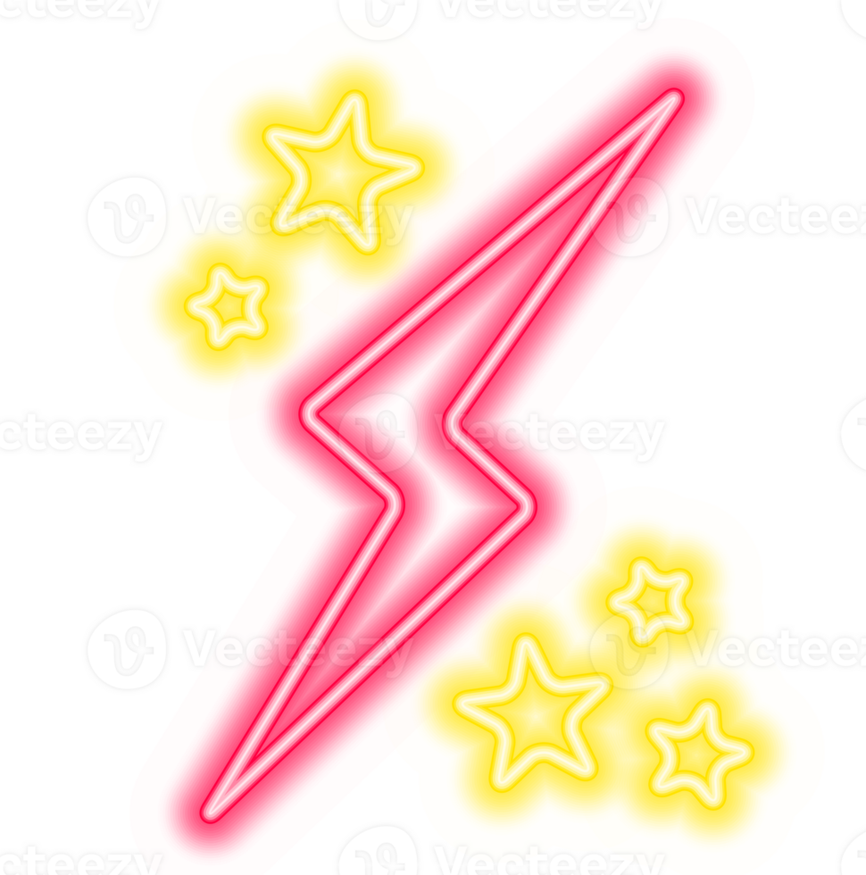 Transparent lightning bolt flash neon icon in different colors. High voltage electricity thunder shock design. png
