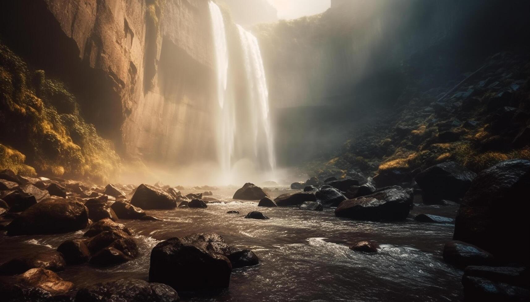 majestuoso montaña acantilado, fluido agua, tranquilo escena generado por ai foto