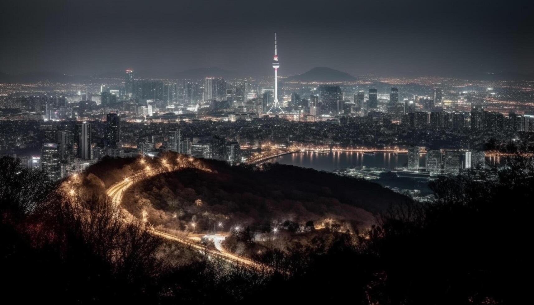 Glowing skyscrapers illuminate the modern city skyline generated by AI photo