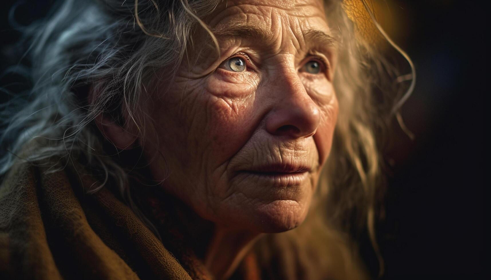 One senior woman only, wrinkled and sad, looking away generated by AI photo