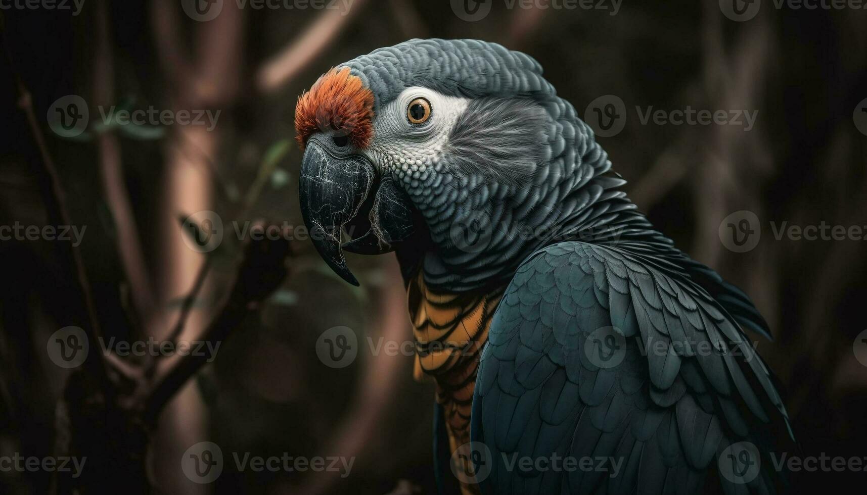 Vibrant macaw perching on branch, its beak and feather colorful generated by AI photo