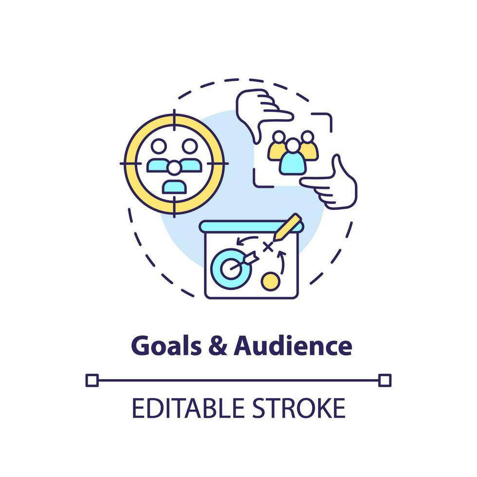 Goals and audience concept icon. Driving sales. Business target. Social media strategy. Personal blog. Marketing plan abstract idea thin line illustration. Isolated outline drawing. Editable stroke vector