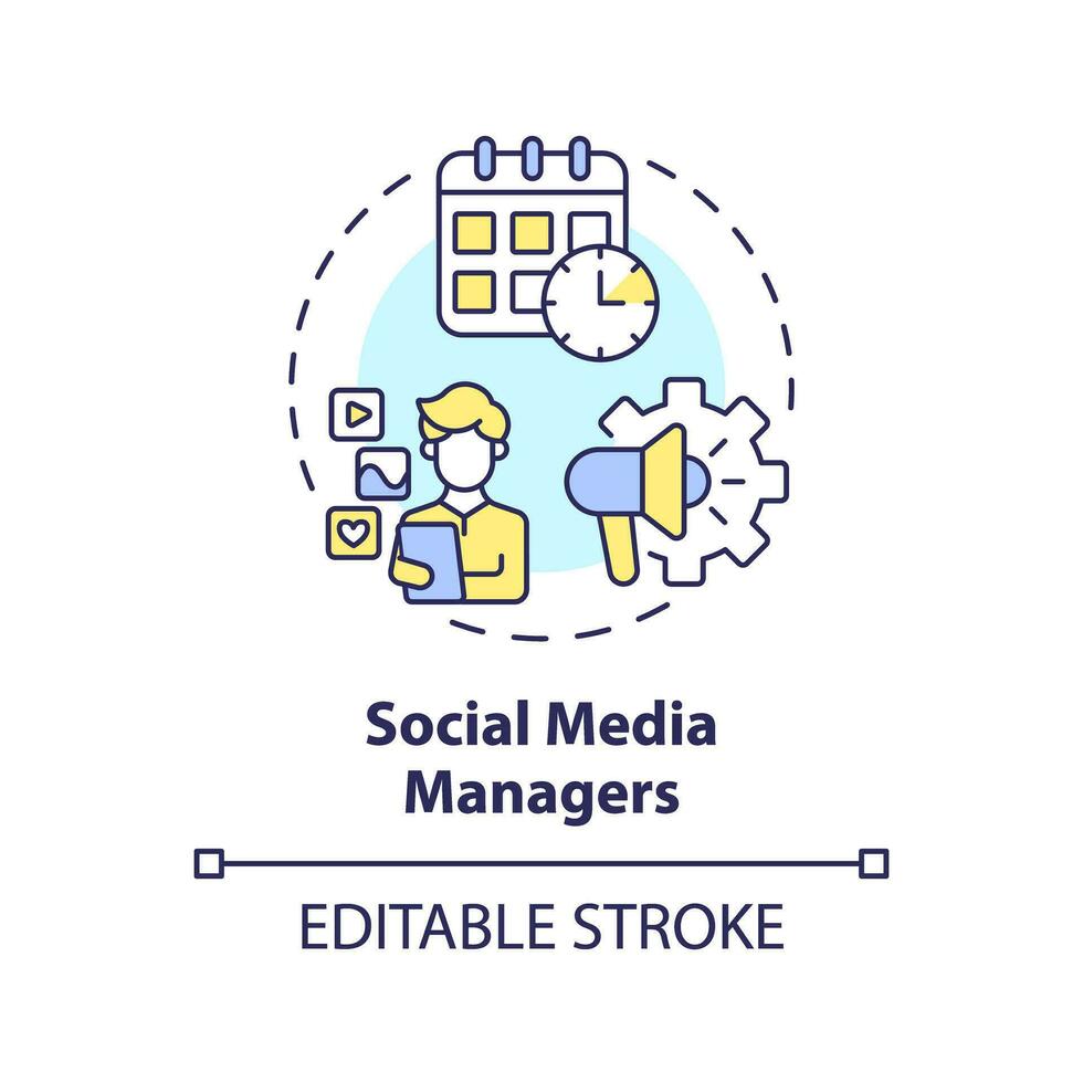 Social media managers concept icon. Digital marketing. Content plan. Schedule post. Community management abstract idea thin line illustration. Isolated outline drawing. Editable stroke vector